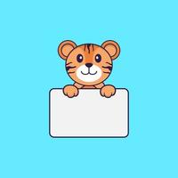 Cute tiger holding whiteboard. Animal cartoon concept isolated. Can used for t-shirt, greeting card, invitation card or mascot. Flat Cartoon Style vector