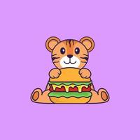 Cute tiger eating burger. Animal cartoon concept isolated. Can used for t-shirt, greeting card, invitation card or mascot. Flat Cartoon Style vector