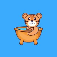 Cute tiger taking a bath in the bathtub. Animal cartoon concept isolated. Can used for t-shirt, greeting card, invitation card or mascot. Flat Cartoon Style vector