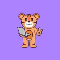 Cute tiger holding laptop. Animal cartoon concept isolated. Can used for t-shirt, greeting card, invitation card or mascot. Flat Cartoon Style vector