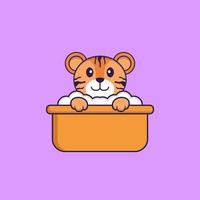 Cute tiger taking a bath in the bathtub. Animal cartoon concept isolated. Can used for t-shirt, greeting card, invitation card or mascot. Flat Cartoon Style vector