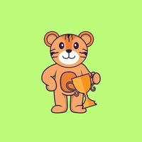 Cute tiger holding gold trophy. Animal cartoon concept isolated. Can used for t-shirt, greeting card, invitation card or mascot. Flat Cartoon Style vector