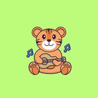 Cute tiger playing guitar. Animal cartoon concept isolated. Can used for t-shirt, greeting card, invitation card or mascot. Flat Cartoon Style vector
