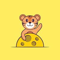 Cute tiger is on the moon. Animal cartoon concept isolated. Can used for t-shirt, greeting card, invitation card or mascot. Flat Cartoon Style vector