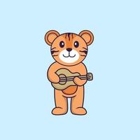 Cute tiger playing guitar. Animal cartoon concept isolated. Can used for t-shirt, greeting card, invitation card or mascot. Flat Cartoon Style