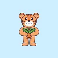 Cute tiger holding money. Animal cartoon concept isolated. Can used for t-shirt, greeting card, invitation card or mascot. Flat Cartoon Style vector
