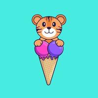 Cute tiger with sweet ice cream. Animal cartoon concept isolated. Can used for t-shirt, greeting card, invitation card or mascot. Flat Cartoon Style vector