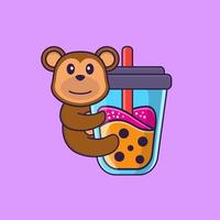 Cute monkey Drinking Boba milk tea. Animal cartoon concept isolated. Can used for t-shirt, greeting card, invitation card or mascot. Flat Cartoon Style vector