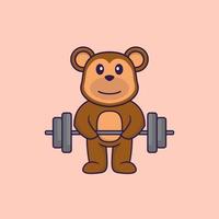 Cute monkey lifts the barbell. Animal cartoon concept isolated. Can used for t-shirt, greeting card, invitation card or mascot. Flat Cartoon Style vector