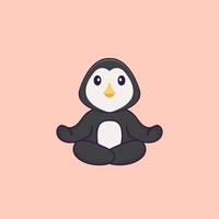 lindo pingüino está meditando o haciendo yoga. aislado concepto de dibujos animados de animales. Puede utilizarse para camiseta, tarjeta de felicitación, tarjeta de invitación o mascota. estilo de dibujos animados plana vector