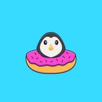 Cute penguin with a donut on his neck. Animal cartoon concept isolated. Can used for t-shirt, greeting card, invitation card or mascot. Flat Cartoon Style vector