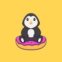 lindo pingüino está sentado sobre donas. aislado concepto de dibujos animados de animales. Puede utilizarse para camiseta, tarjeta de felicitación, tarjeta de invitación o mascota. estilo de dibujos animados plana vector