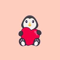 lindo pingüino sosteniendo un gran corazón rojo. aislado concepto de dibujos animados de animales. Puede utilizarse para camiseta, tarjeta de felicitación, tarjeta de invitación o mascota. estilo de dibujos animados plana vector