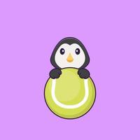 Cute penguin playing tennis. Animal cartoon concept isolated. Can used for t-shirt, greeting card, invitation card or mascot. Flat Cartoon Style vector