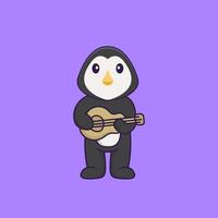 Cute penguin playing guitar. Animal cartoon concept isolated. Can used for t-shirt, greeting card, invitation card or mascot. Flat Cartoon Style vector
