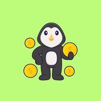 Cute penguin holding coin. Animal cartoon concept isolated. Can used for t-shirt, greeting card, invitation card or mascot. Flat Cartoon Style vector