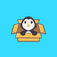 Cute penguin Playing In Box. Animal cartoon concept isolated. Can used for t-shirt, greeting card, invitation card or mascot. Flat Cartoon Style vector