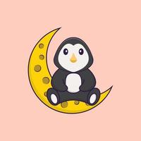 Cute penguin is sitting on the moon. Animal cartoon concept isolated. Can used for t-shirt, greeting card, invitation card or mascot. Flat Cartoon Style vector