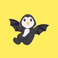 lindo pingüino está volando con alas. aislado concepto de dibujos animados de animales. Puede utilizarse para camiseta, tarjeta de felicitación, tarjeta de invitación o mascota. estilo de dibujos animados plana vector