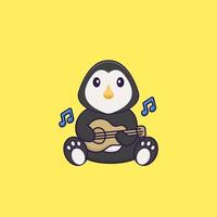 Cute penguin playing guitar. Animal cartoon concept isolated. Can used for t-shirt, greeting card, invitation card or mascot. Flat Cartoon Style vector