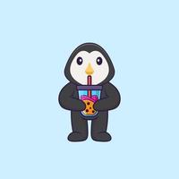 lindo pingüino bebiendo té con leche de boba. aislado concepto de dibujos animados de animales. Puede utilizarse para camiseta, tarjeta de felicitación, tarjeta de invitación o mascota. estilo de dibujos animados plana vector