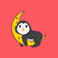 Cute penguin is on the moon. Animal cartoon concept isolated. Can used for t-shirt, greeting card, invitation card or mascot. Flat Cartoon Style vector