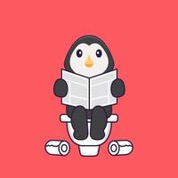 Cute penguin Pooping On Toilet and read newspaper. Animal cartoon concept isolated. Can used for t-shirt, greeting card, invitation card or mascot. Flat Cartoon Style vector