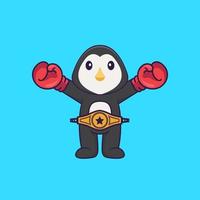 lindo pingüino en traje de boxeador con cinturón de campeón. aislado concepto de dibujos animados de animales. Puede utilizarse para camiseta, tarjeta de felicitación, tarjeta de invitación o mascota. estilo de dibujos animados plana vector