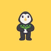 Cute penguin holding money. Animal cartoon concept isolated. Can used for t-shirt, greeting card, invitation card or mascot. Flat Cartoon Style vector