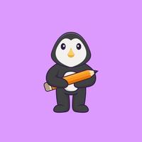 lindo pingüino sosteniendo un lápiz. aislado concepto de dibujos animados de animales. Puede utilizarse para camiseta, tarjeta de felicitación, tarjeta de invitación o mascota. estilo de dibujos animados plana vector