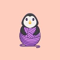 Cute penguin playing with wool yarn. Animal cartoon concept isolated. Can used for t-shirt, greeting card, invitation card or mascot. Flat Cartoon Style vector