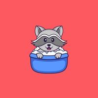 Cute racoon taking a bath in the bathtub. Animal cartoon concept isolated. Can used for t-shirt, greeting card, invitation card or mascot. Flat Cartoon Style vector