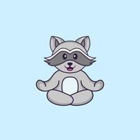 Cute racoon is meditating or doing yoga. Animal cartoon concept isolated. Can used for t-shirt, greeting card, invitation card or mascot. Flat Cartoon Style vector