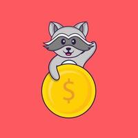 Cute racoon holding coin. Animal cartoon concept isolated. Can used for t-shirt, greeting card, invitation card or mascot. Flat Cartoon Style vector