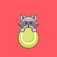 Cute racoon playing tennis. Animal cartoon concept isolated. Can used for t-shirt, greeting card, invitation card or mascot. Flat Cartoon Style vector