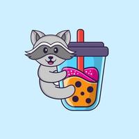 Cute racoon Drinking Boba milk tea. Animal cartoon concept isolated. Can used for t-shirt, greeting card, invitation card or mascot. Flat Cartoon Style vector