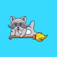 Cute racoon lying on Magic Broom. Animal cartoon concept isolated. Can used for t-shirt, greeting card, invitation card or mascot. Flat Cartoon Style vector