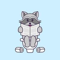 Cute racoon Pooping On Toilet and read newspaper. Animal cartoon concept isolated. Can used for t-shirt, greeting card, invitation card or mascot. Flat Cartoon Style vector