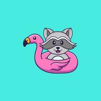 Cute racoon With flamingo buoy. Animal cartoon concept isolated. Can used for t-shirt, greeting card, invitation card or mascot. Flat Cartoon Style vector
