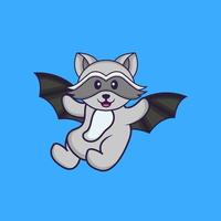 Cute racoon is flying with wings. Animal cartoon concept isolated. Can used for t-shirt, greeting card, invitation card or mascot. Flat Cartoon Style