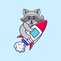 Cute racoon flying on rocket. Animal cartoon concept isolated. Can used for t-shirt, greeting card, invitation card or mascot. Flat Cartoon Style vector