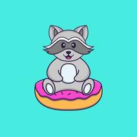 Cute racoon is sitting on donuts. Animal cartoon concept isolated. Can used for t-shirt, greeting card, invitation card or mascot. Flat Cartoon Style vector