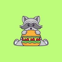 Cute racoon eating burger. Animal cartoon concept isolated. Can used for t-shirt, greeting card, invitation card or mascot. Flat Cartoon Style vector