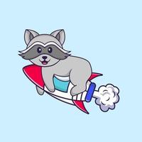 Cute racoon flying on rocket. Animal cartoon concept isolated. Can used for t-shirt, greeting card, invitation card or mascot. Flat Cartoon Style vector