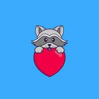 Cute racoon holding a big red heart. Animal cartoon concept isolated. Can used for t-shirt, greeting card, invitation card or mascot. Flat Cartoon Style vector