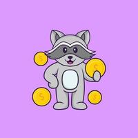 Cute racoon holding coin. Animal cartoon concept isolated. Can used for t-shirt, greeting card, invitation card or mascot. Flat Cartoon Style vector