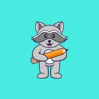 Cute racoon holding a pencil. Animal cartoon concept isolated. Can used for t-shirt, greeting card, invitation card or mascot. Flat Cartoon Style vector