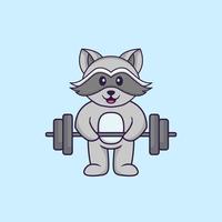 Cute racoon lifts the barbell. Animal cartoon concept isolated. Can used for t-shirt, greeting card, invitation card or mascot. Flat Cartoon Style vector