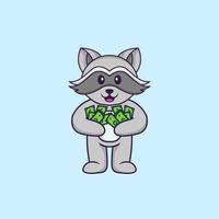 Cute racoon holding money. Animal cartoon concept isolated. Can used for t-shirt, greeting card, invitation card or mascot. Flat Cartoon Style vector