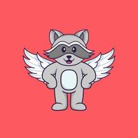 Cute racoon using wings. Animal cartoon concept isolated. Can used for t-shirt, greeting card, invitation card or mascot. Flat Cartoon Style